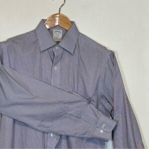 Brooks Brothers Regent Men Blue, Brown and White Checkered Shirt Size 15 1/2 34